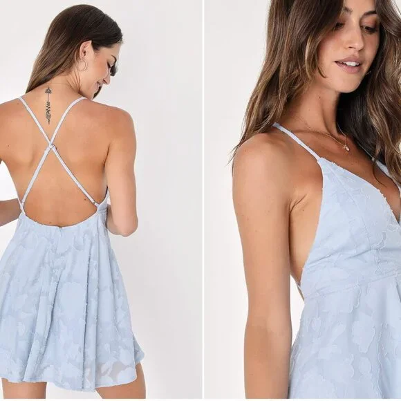 Lulus Days of Beauty Dress Dusty Blue S | Floral Open Back Skater - Picture 2 of 5